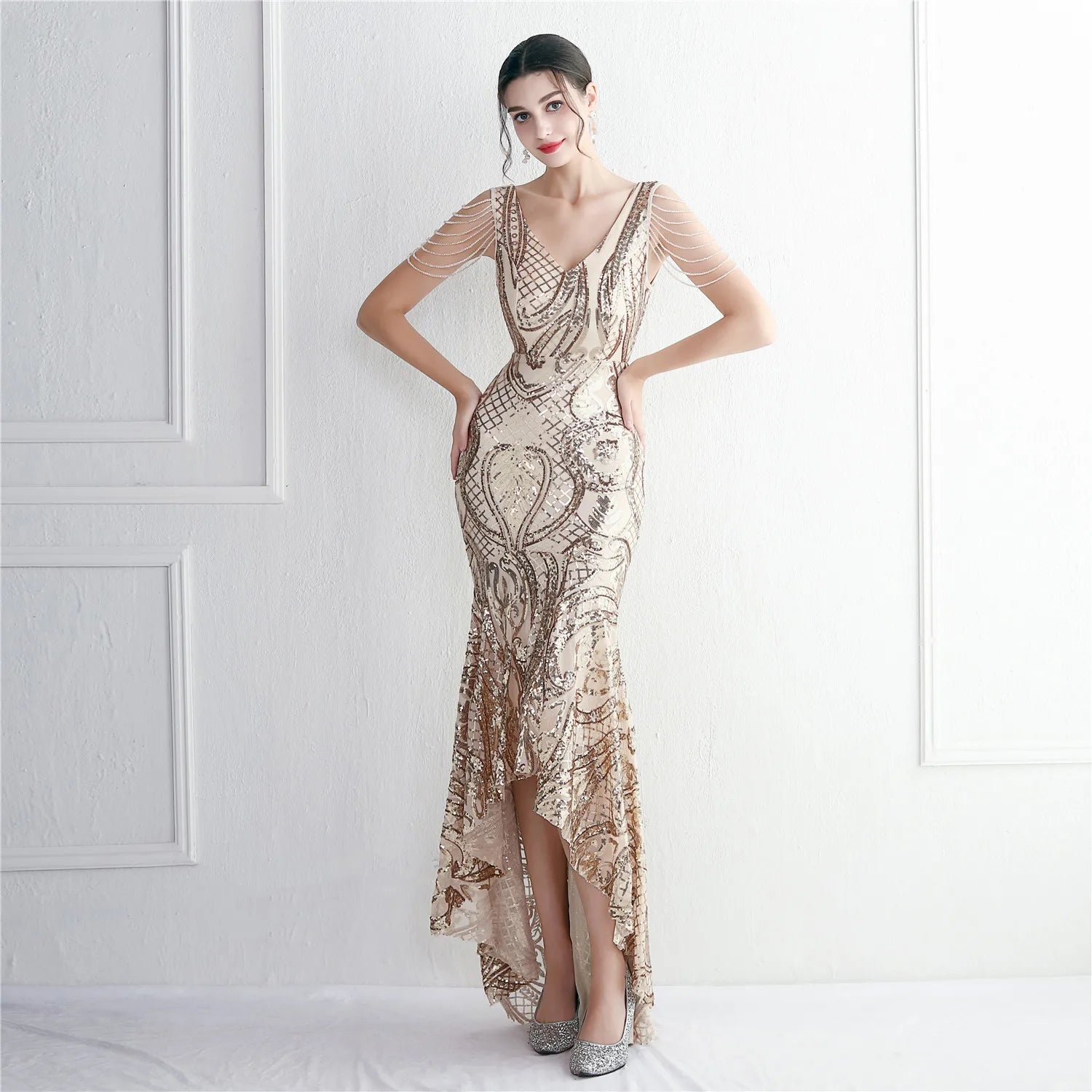 19609# New Long Skirt Craft Order Bead Temperament Elegant Annual Meeting Fishtail Sequin Dresses