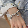 Women Girls Retro Silver Thick Chain Bracelet Heart Shape Tassel Bangle Jewelry Charm Gift