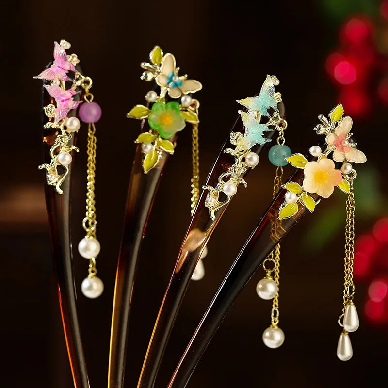 Fashion Wood Retro Chinese Hair Stick Chopstick for Women With Magnolia Flower Tassels Chain Handmade Wood Hairpin Hair Sticks