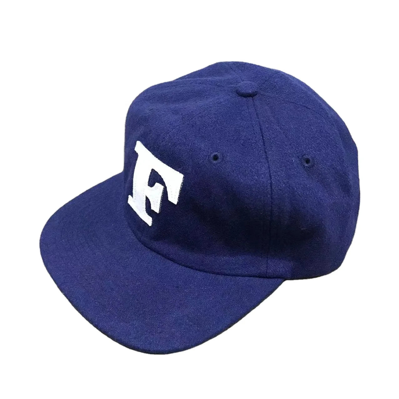 Blue Wool Melton Custom Felt Embroidery Logo Golf Hats Dad Hat Flat Brim Unstructured Baseball Cap With Leather Back Strap
