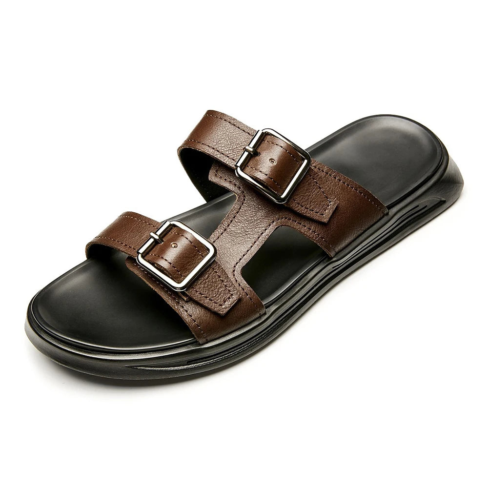 Top Grade Cowhide Men's Slippers Summer Slides Lightweight Flat Sandals Adjustable Tightness Stylish Half Slide Design Outdoor
