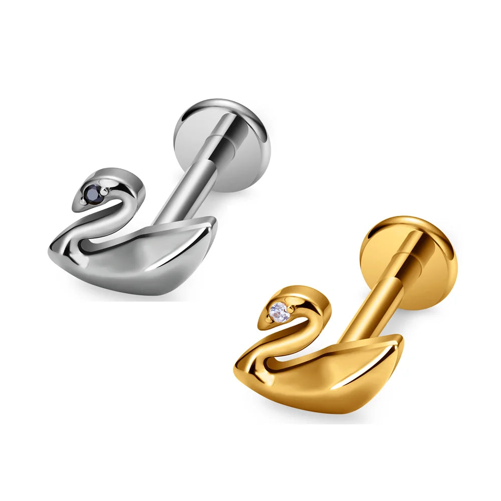 G23 ASTM F136 Titanium Swan Shape Nose Stud Earrings Zircon Inlay Labret 16G Ear Stud Ear Tragus Body Piercing Jewelry