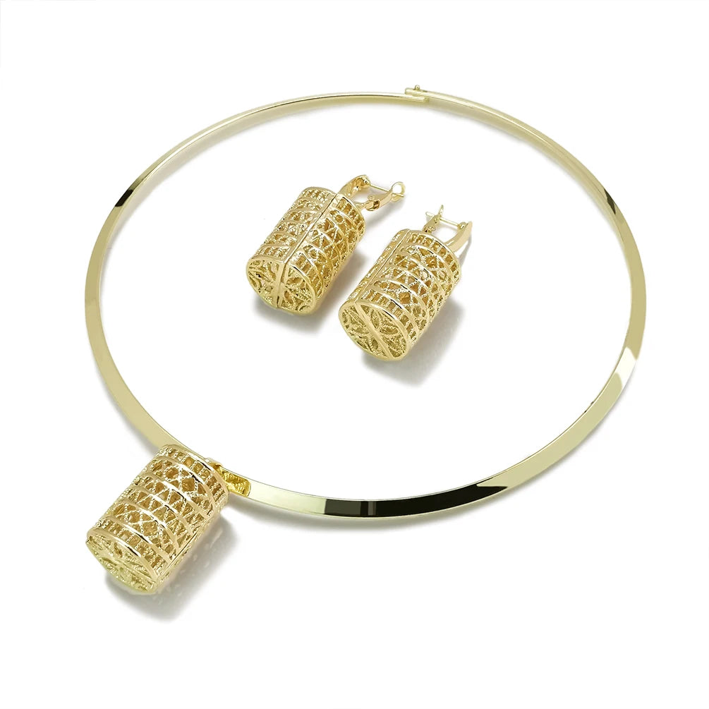 High-end Fashion Minimalist Alloy Jewelry Set Hollow Out Cylinder Pendant Necklace Collars Drop Dangle Earrings Indian Jewelry