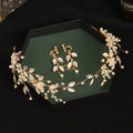 Miallo 3Pcs/set Golden Luxury Alloy Leaf Crystal Hairband Bridal Hair Vine Earring Set Jewelry Wedding Dress Accessories