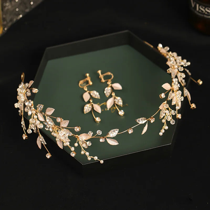 Miallo 3Pcs/set Golden Luxury Alloy Leaf Crystal Hairband Bridal Hair Vine Earring Set Jewelry Wedding Dress Accessories
