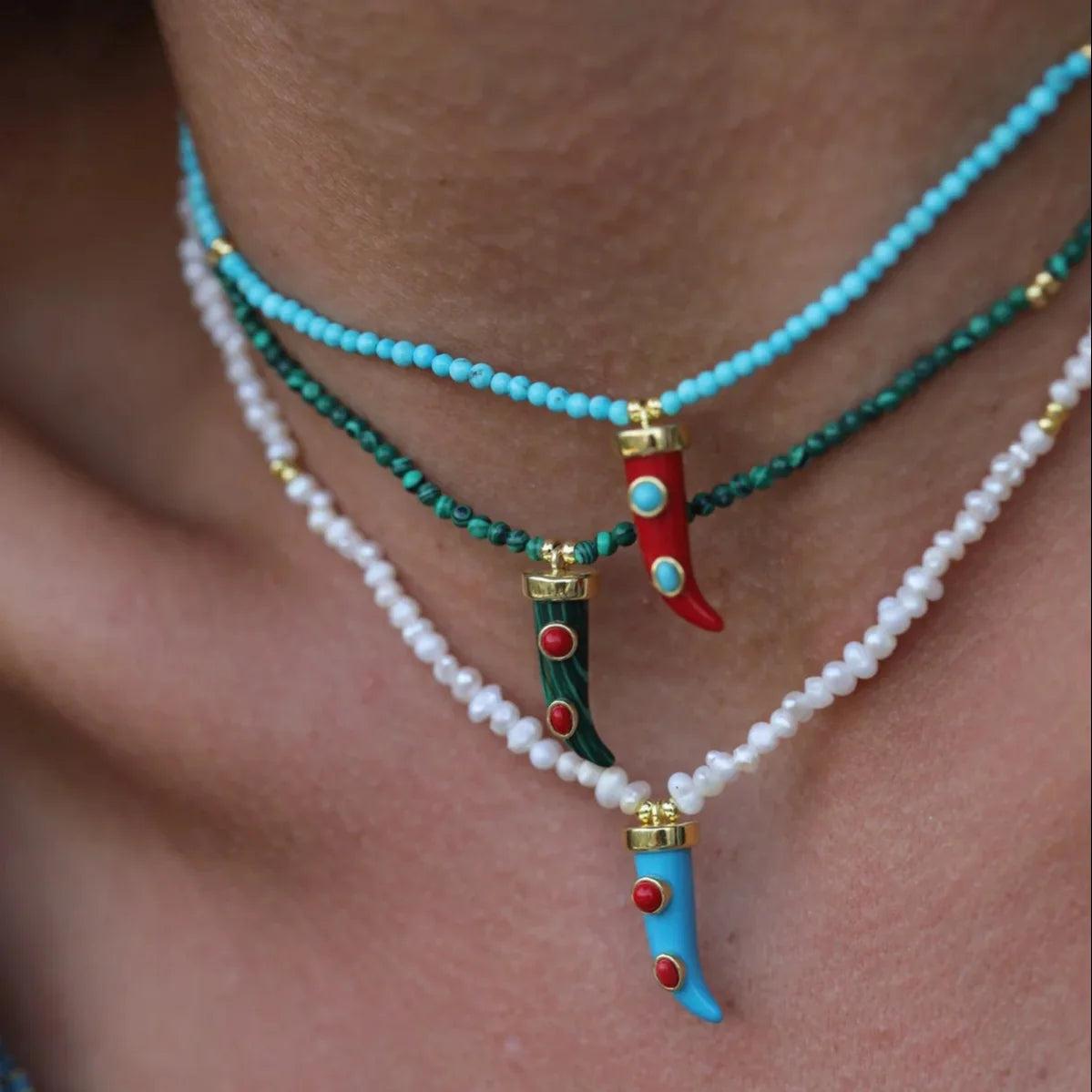 Fashion Retro Colorful Chili Pearl Necklace Green Turquoise Beads Luxury Trendy Characteristic Women's Gift Clavicle Necklace