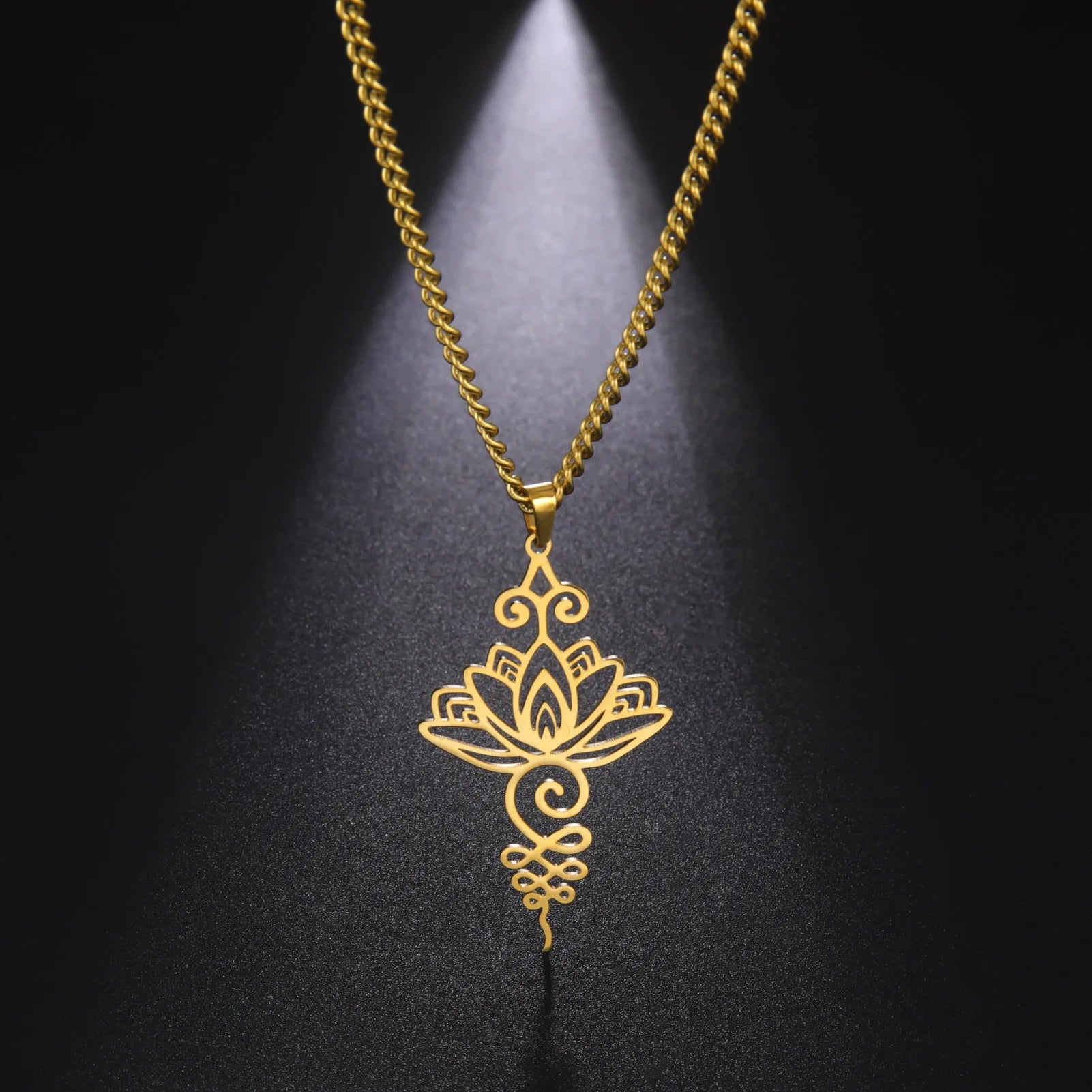 Lotus Flower Pendant Necklace Men Women Yoga Healing Charms Unalome Symbol Amulet Stainless Steel Jewelry