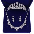 Korean Boxed Rhinestone Five Petals Flower Bridal Wedding Crown Necklace Earring Headpiece Set Girl White Alloy Hair Accessories