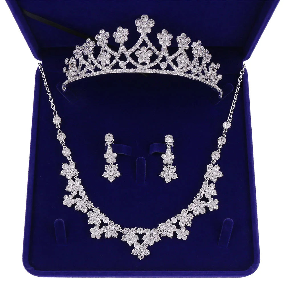 Korean Boxed Rhinestone Five Petals Flower Bridal Wedding Crown Necklace Earring Headpiece Set Girl White Alloy Hair Accessories