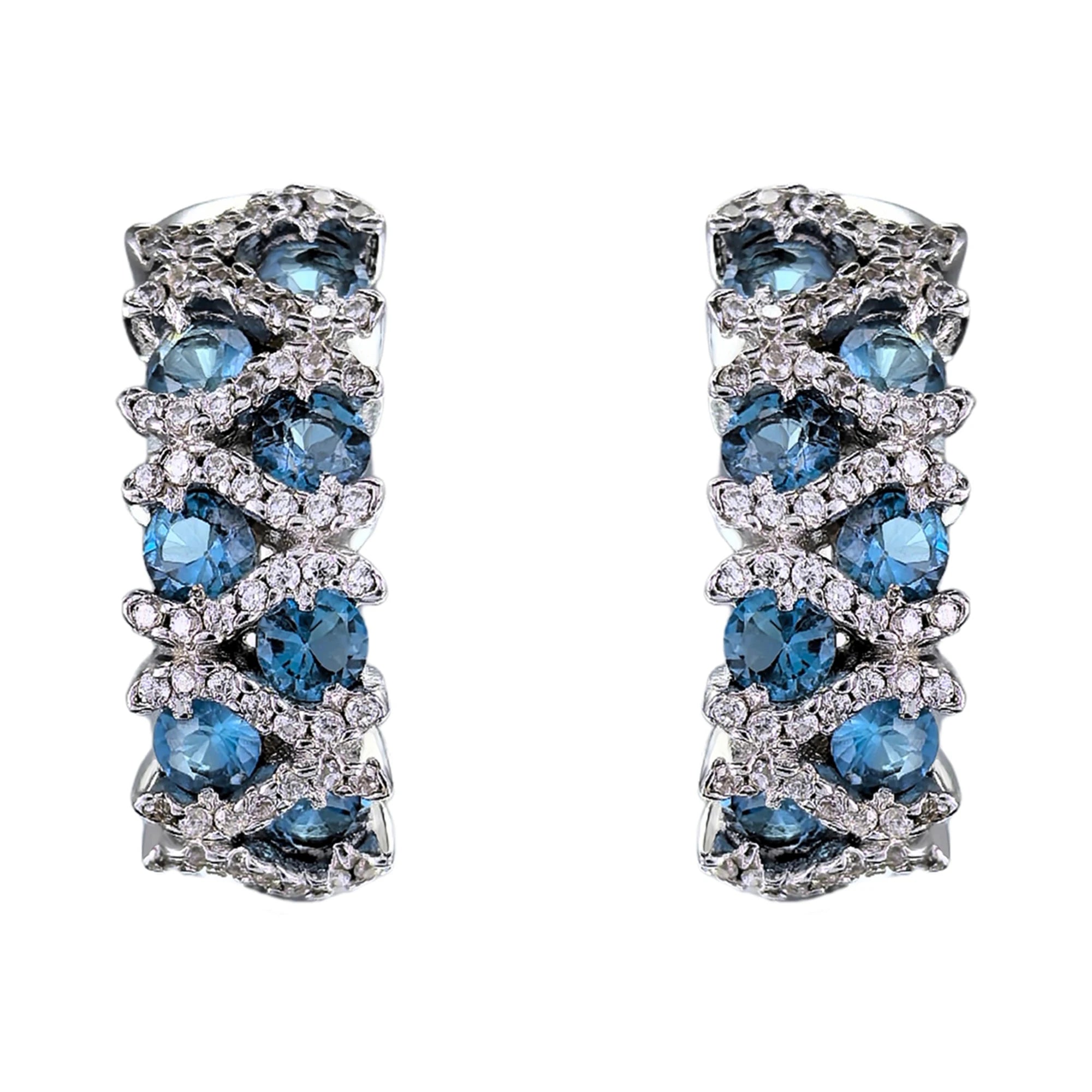 Elegant Rhodium Plated Silver 925 Jewelry Natural London Blue Topaz Hoop Earrings for Women Anniversary Gift