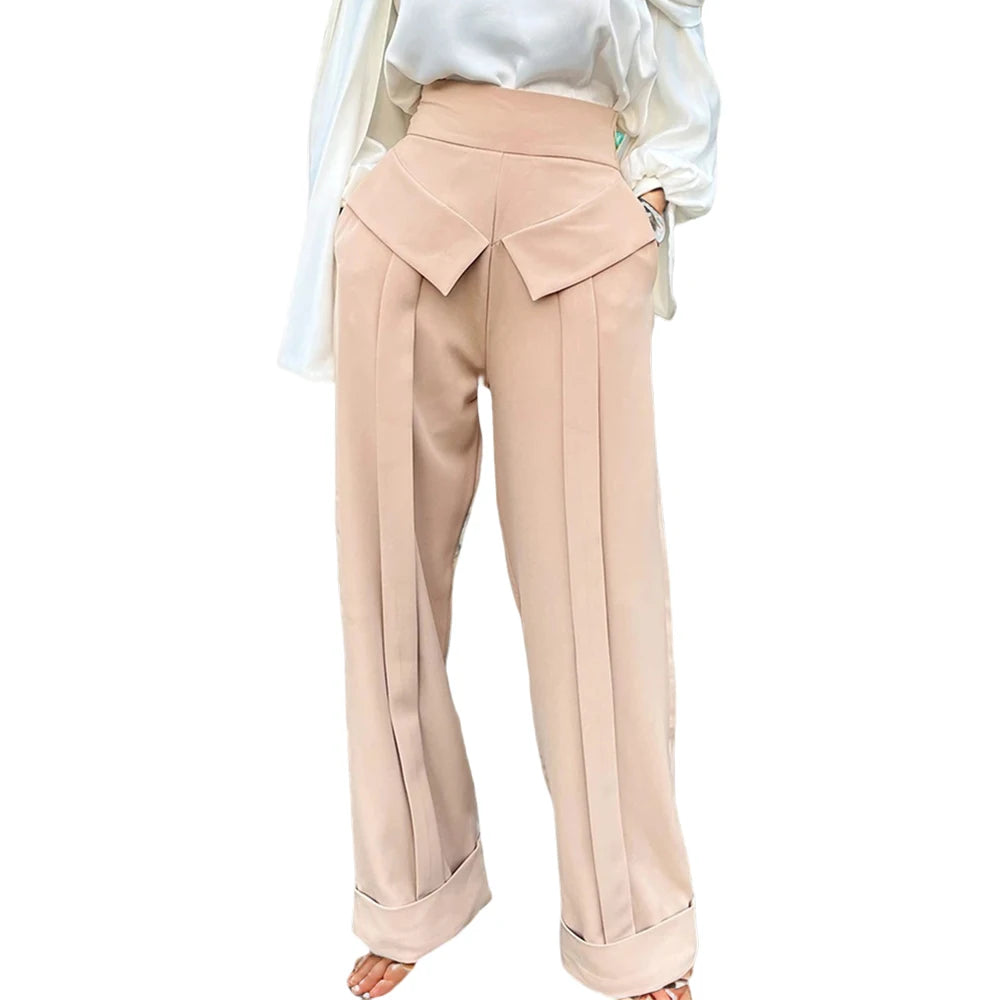 TWOTWINSTYLE Ladies Straight Pants Elegant Loose High Waist Wide Leg Pants Pleats Denim Casual Style Solid Women's Slim Fashion