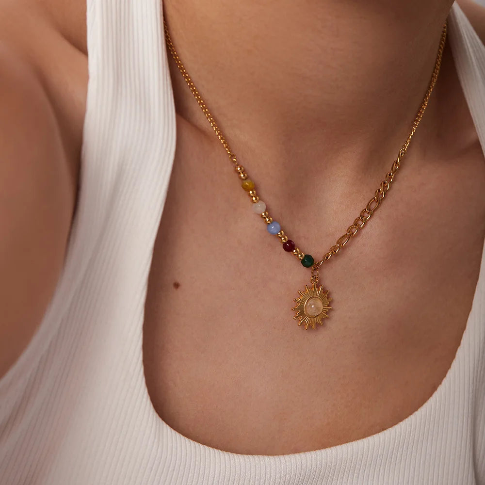 New Stainless Steel 18K Gold Half Color Bead Chain Half Figaro Chain Natural Opal Stone Sun Pendant Necklace