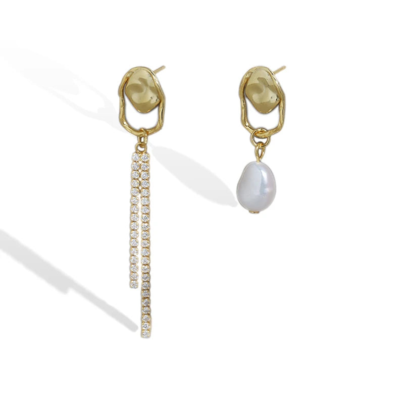 Irregular Asymmetric Zircon Tassel Stud Earrings 925 Sterling Silver Earrings Baroque Pearl Hollow Drop Earrings