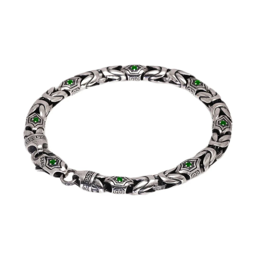 Real Pure 925 Sterling Silver 7mm Peace Pattern Bracelet for Men's Vintage Punk Set Zircon Armband Hiphop Rock Jewelry Best Gift