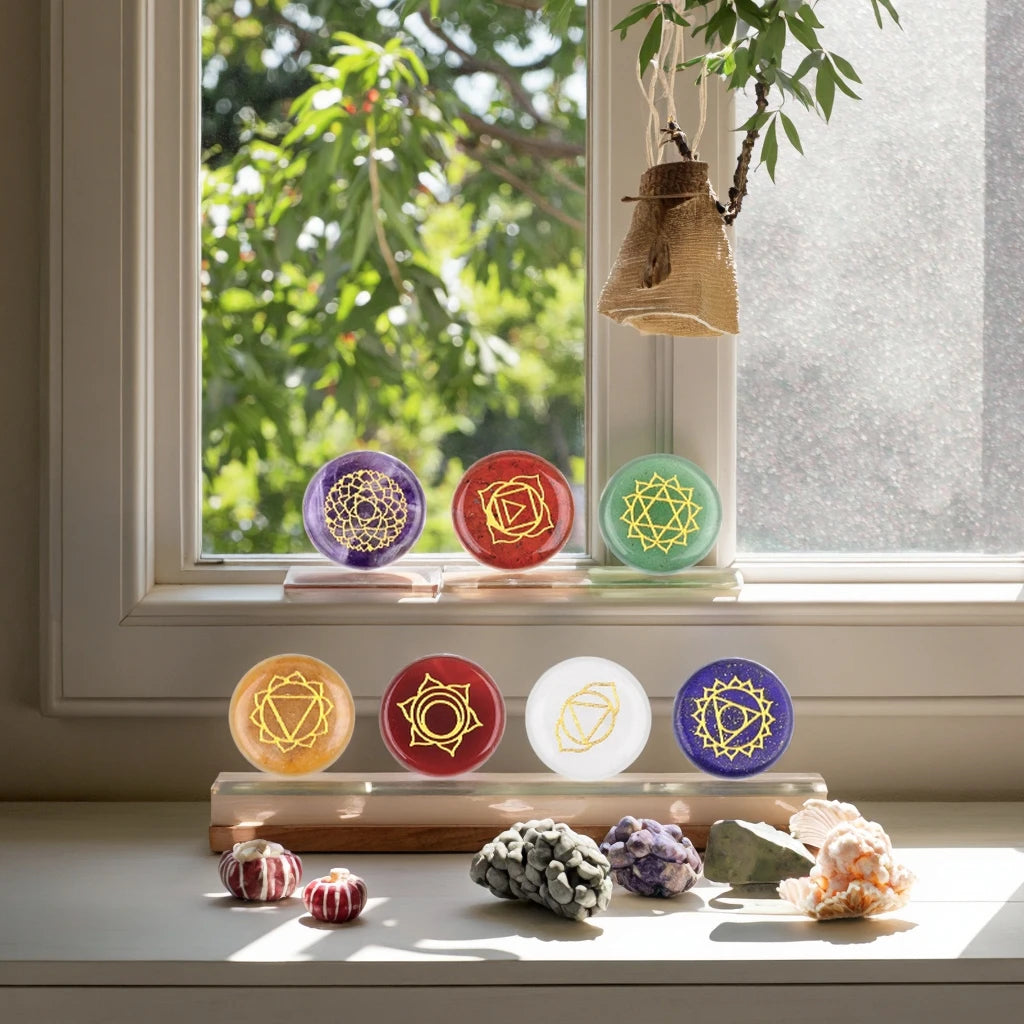 HZ Natural Crystal Colorful Round Yoga Stones 7 Pieces Velvet Bagged Carved Engraving Word Laser Chakra Stones