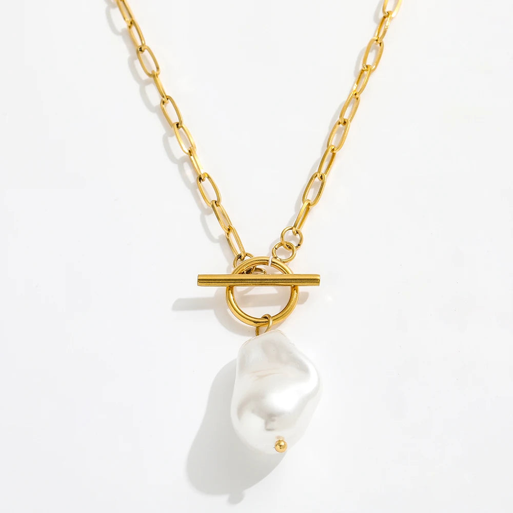 Joolim Jewelry 18K Gold Plated Shell Baroque Pearl Pendant Toggle Paper Pin Necklace Stainless Steel Jewelry
