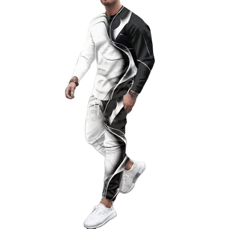 Men's Black & White Gradient Wave Print 2-Piece Tracksuit - Long Sleeve Top & Jogger Pants Casual Sportswear Set