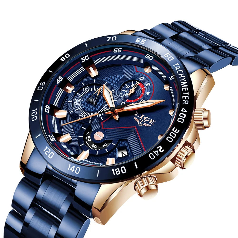 For LG9982 New Blue Fashion Business Sport Men's Analog Stainless Steel Waterproof Quartz Chronograph Pointer Watch