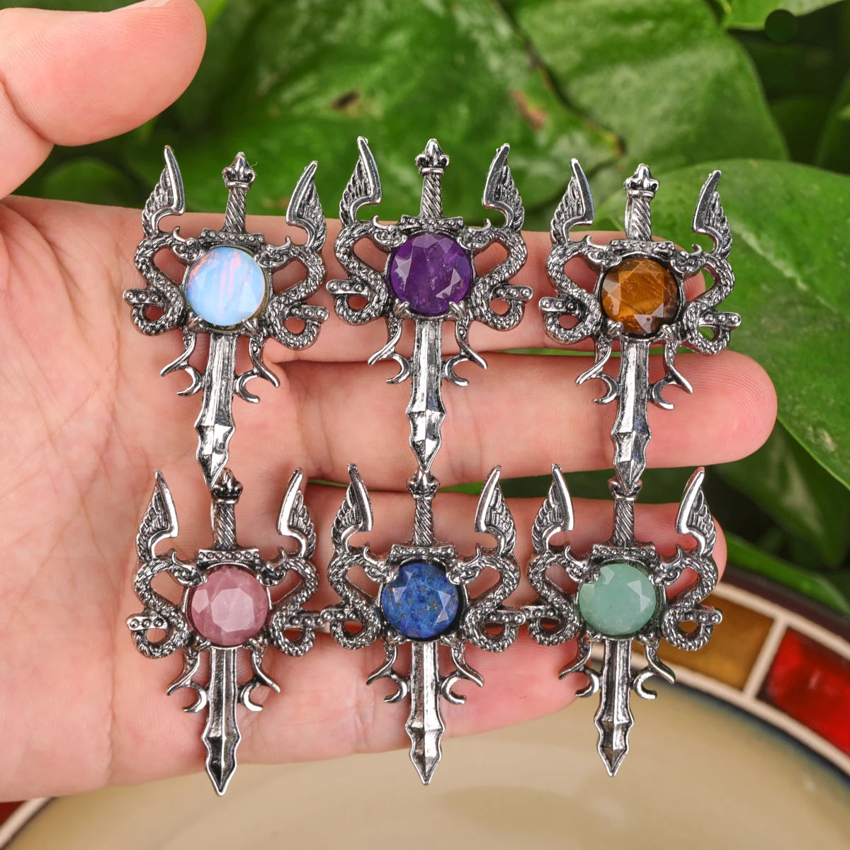 Vintage Children's Healing Chakra Flying Dragon Sword Charm Pendant Witchcraft Supplies DIY Jewelry Antique Silver Plated
