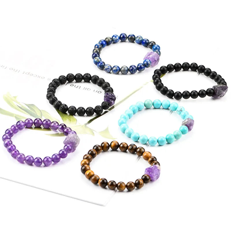 Amethyst Rock Designed Natural Healing Crystal Lava Stone Matte Black Onyx Hot Selling Bracelet