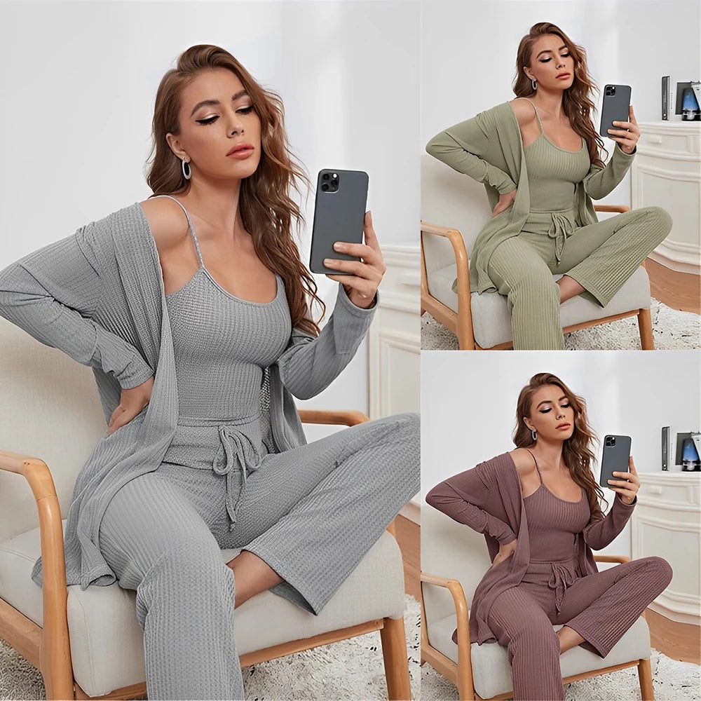 Ladies Three Piece Set Camisole Lounges Wear Sets Women Knitted Waffle Pjs Pijamas Mujer Cami Top Sets