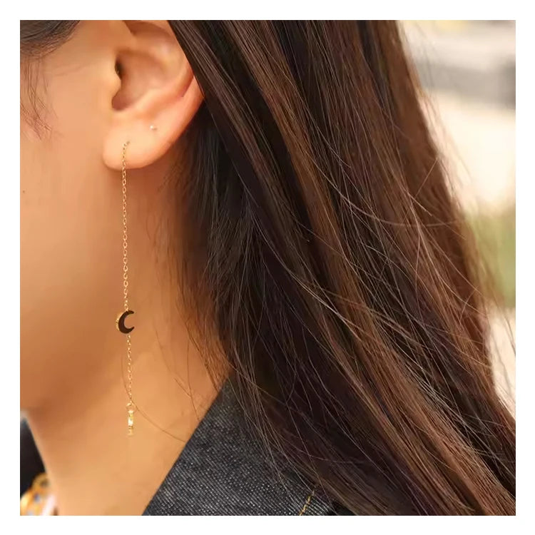 Chris April in Stock Fashion Jewelry 316L Stainless Steel PVD Gold Plated Minimalist Moon and Star Drop Chain Earrings