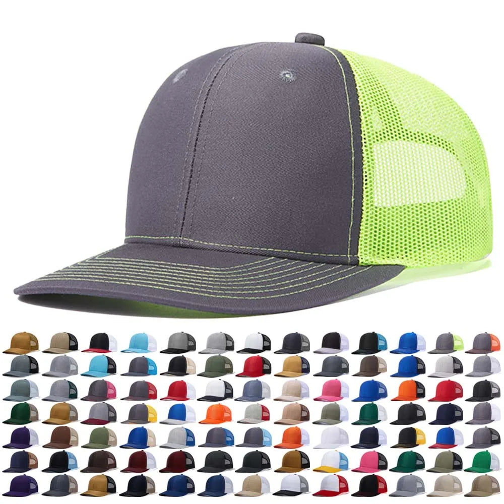 Factory Custom Logo 6 Panel Richardson Style 112 Blank Snapback Plain Black Trucker Hats Gorras Mesh Trucker Caps