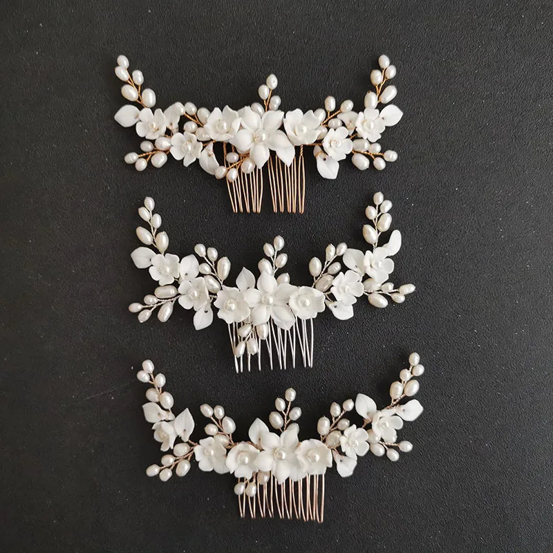 SLBRIDAL Handmade Porcelain Flower Leaf Freshwater Pearls Bridal Hair Comb Wedding Headband Hair Accessories Women Jewelry