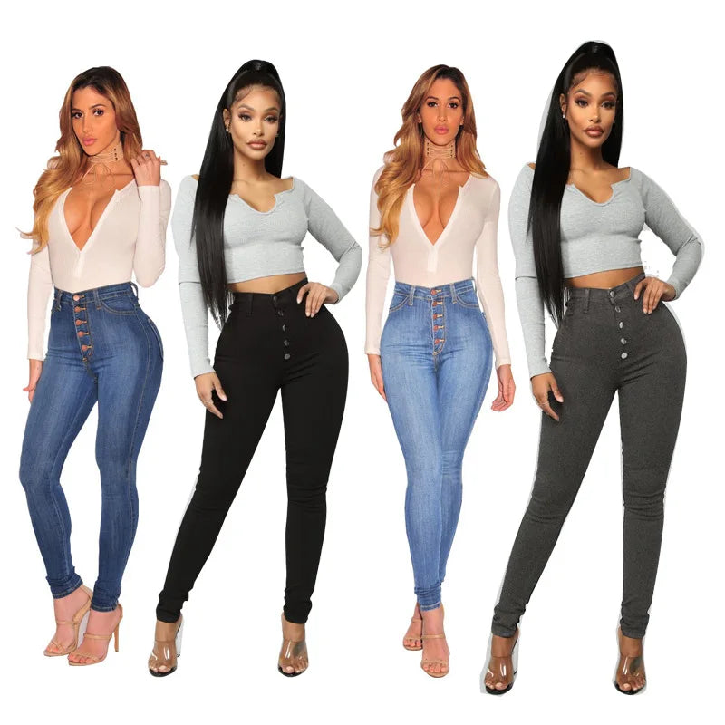 S-2XL Women's Front Button Pencil Jeans All-match Slim High Waist Stretch Jeans Women Tight Denim Pants