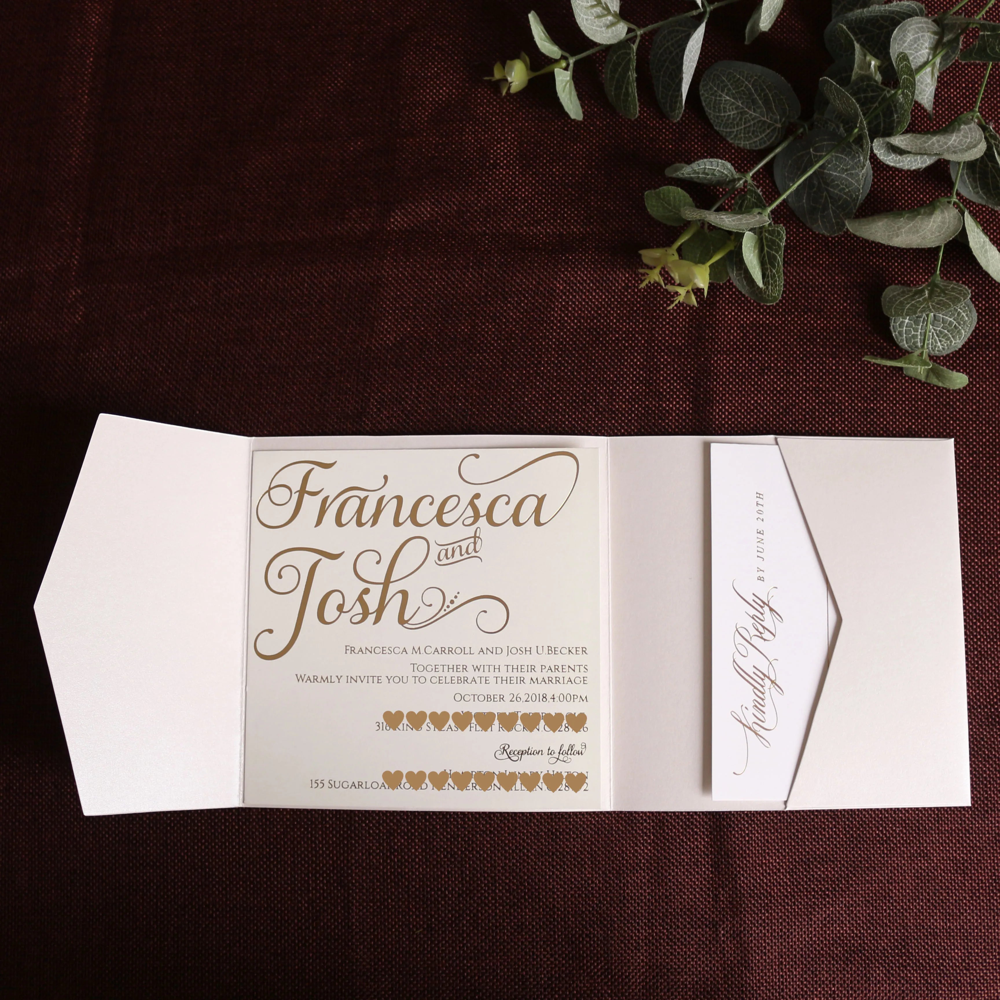 Elegant Tri-fold Pocket Envelope Wedding Invitation With Custom Printed Inserts for Main Cards and Reply Cards