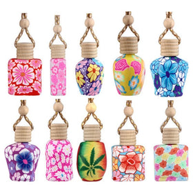 Floral Art Screen Printed Hanging Car Air Freshener Variety Random Color Empty Glass Perfume Bottle with Screw Cap Decor Gift