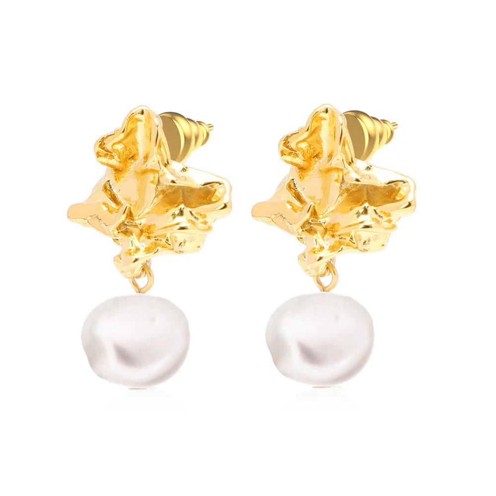 Golden Female Earrings Fashion Design Style Lava Design Textured Stud Earrings for Women