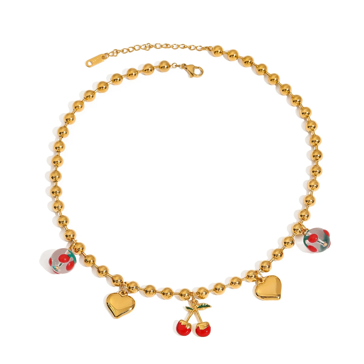J&D Fun Pendant Sweet and Romantic 18K Gold Stainless Steel Chubby Heart Alloy Oil-Dripping Cherry Pendant Charm Necklace