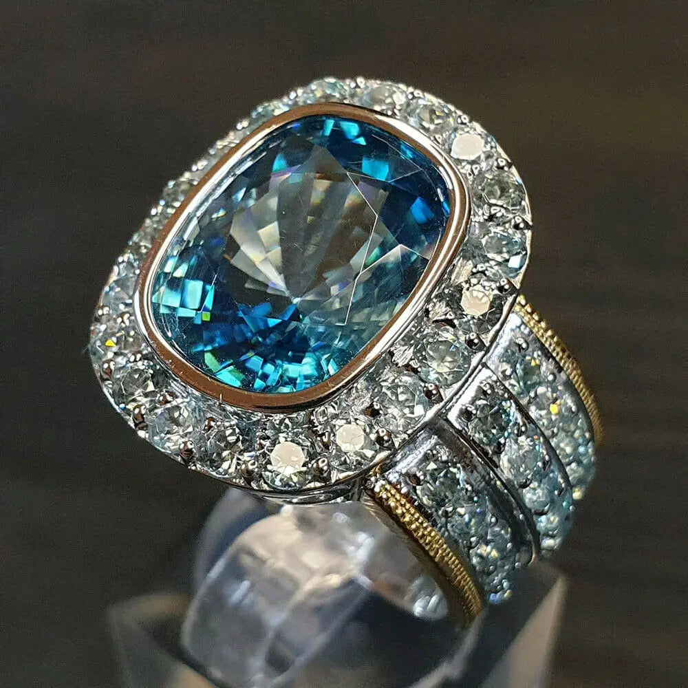 CAOSHI Luxury Sea Blue Crystal Gemstone Rings Brass Jewelry Cubic Zirconia Inlaid Silver Gold Plated Women Party Ladies Rings CZ
