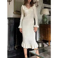 Women's Vintage Dress Women Autumn Winter Knitted Slim Long Dress Woman Retro Elegant High Waist Ruffled Maxi Dresses