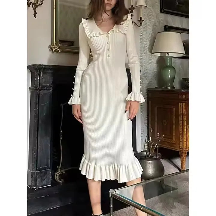 Women's Vintage Dress Women Autumn Winter Knitted Slim Long Dress Woman Retro Elegant High Waist Ruffled Maxi Dresses