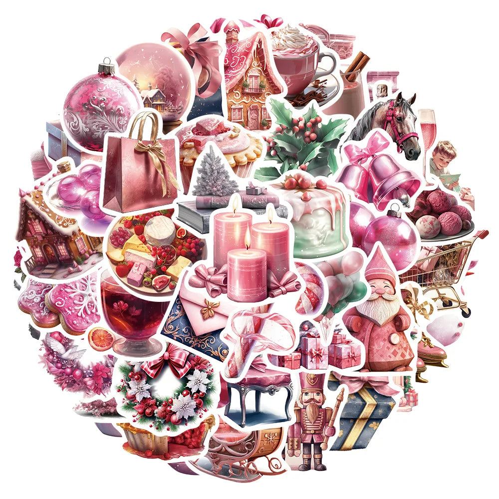 2023 Newly 50PCS Aesthetic Delicate Ornaments Cartoon pink Christmas Sticker
