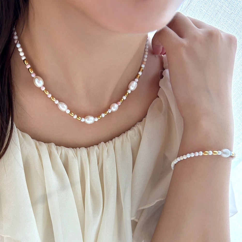 Natural Stone Baroque Pearl Stainless Steel Jewelry Set Handmade Chain Stylish Beads Jewelry Bijoux Women
