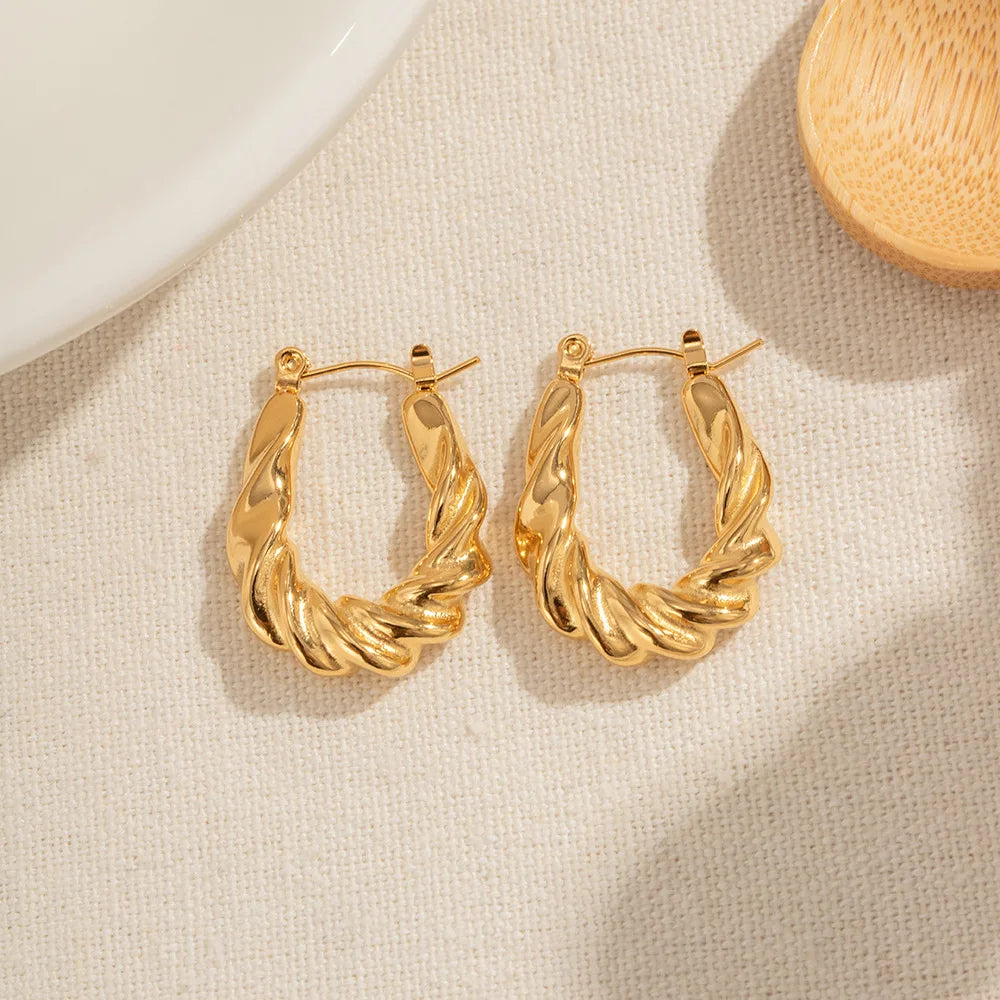 Stainless Steel Hollow Croissant Twisted Thick Hoop Earrings Chunky Waterproof Summer Earring