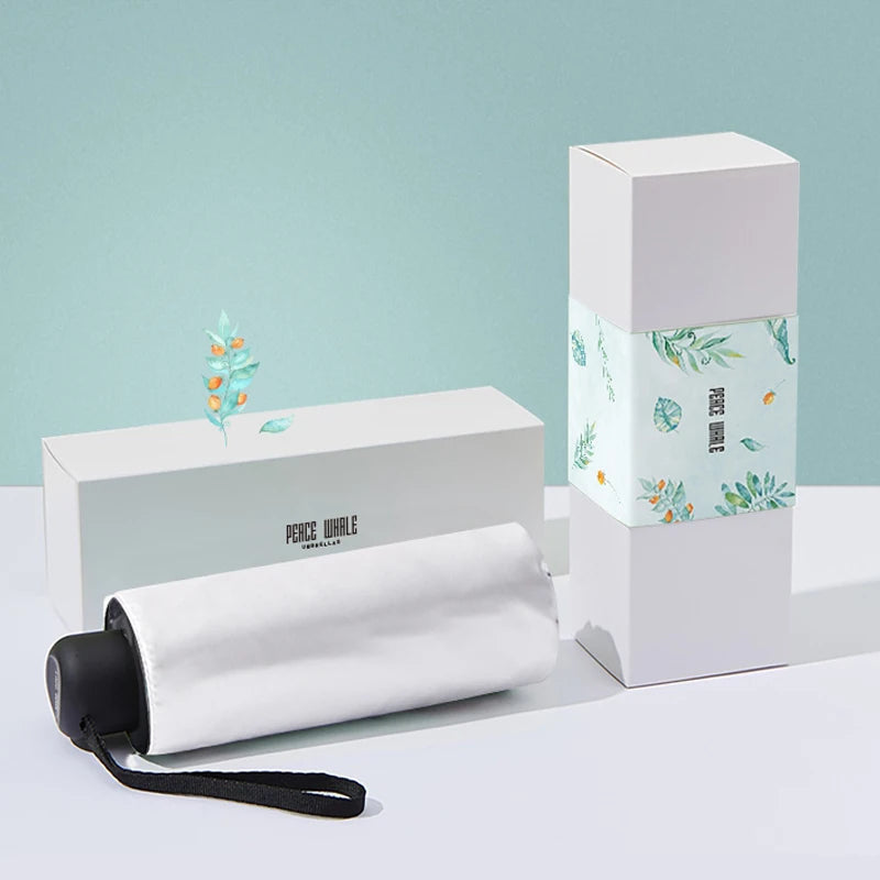 Mini Foldable Green Leaf Printed Summer Sun Protective Umbrella Silver UV Coating Five Fold Windproof Waterproof Manual Control