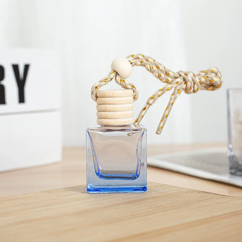 Mini Air Freshener Empty Bottle Wooden Cap Blue Hanging Car Fragrance Perfume Crystal Essential Car Glass Box Refillable Cap Oil
