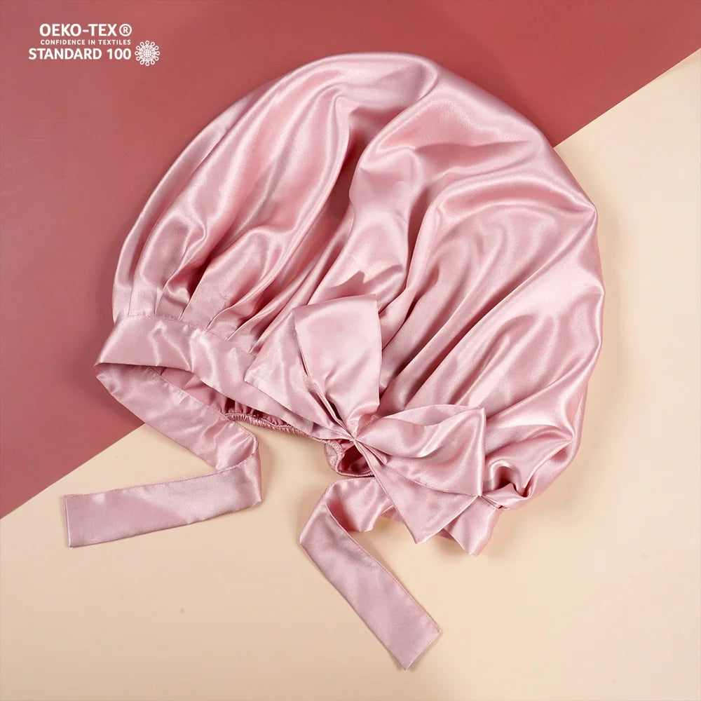 Customize Fashion 16/19/22 Momme Organic Silk Hair Bonnets Special Bow Design Silk Turban Bonnet with Custom logo for Women