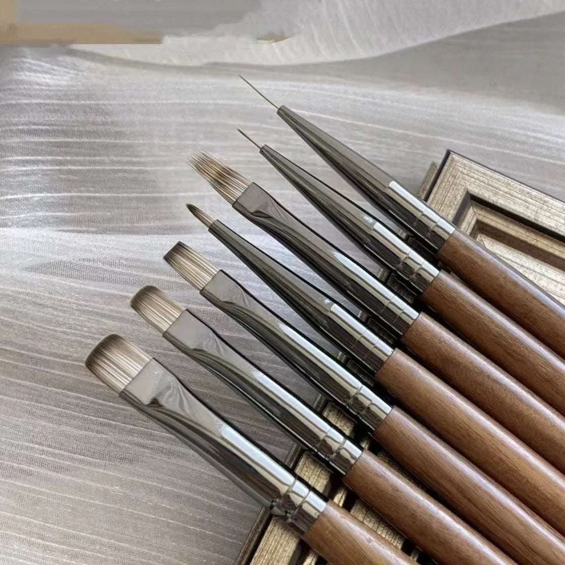 7pcs Nail Art Brushes Private Label Walnut Wooden Handle UV Gel Compatible Nylon Painting Drawing Blooming Nail Liner Brush