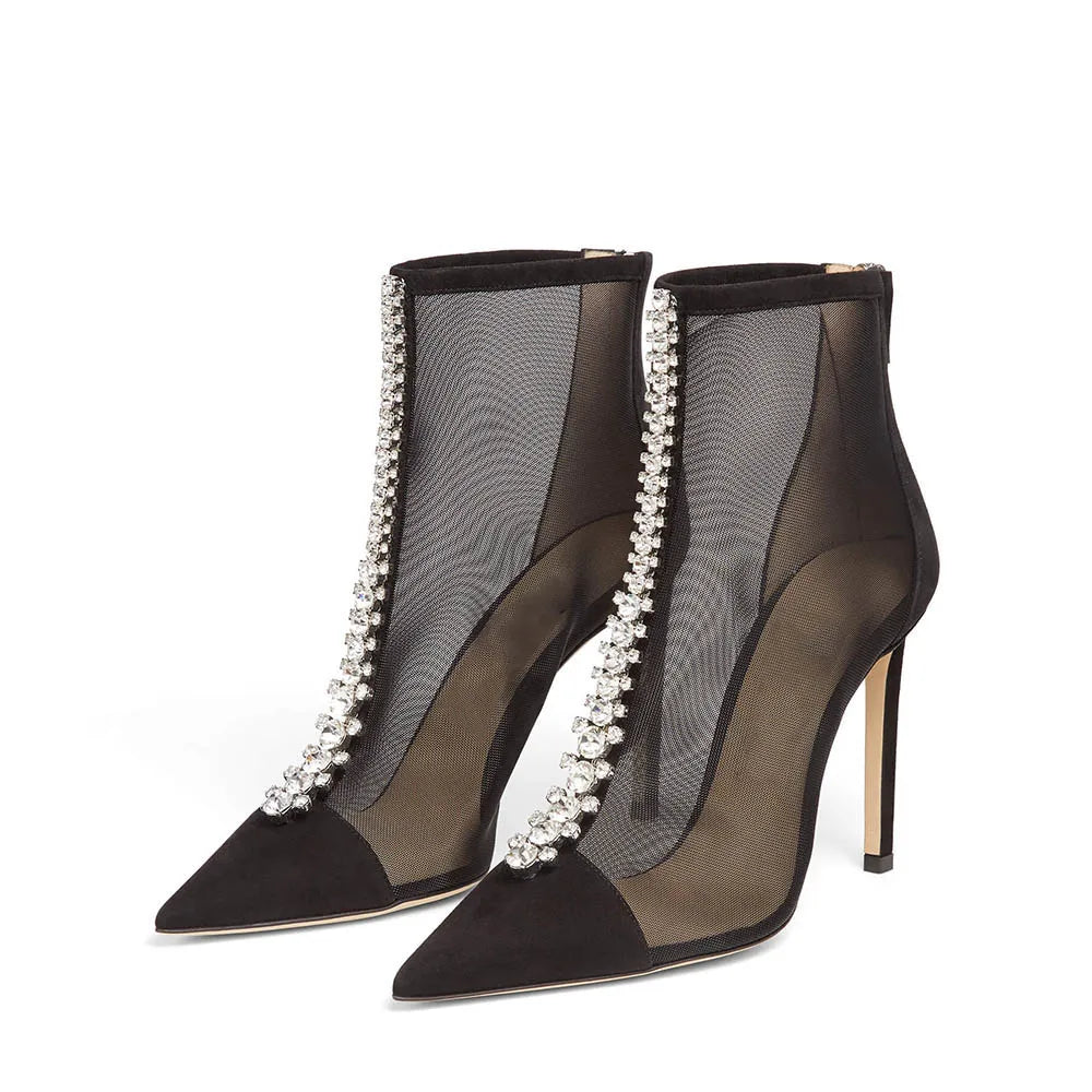 Fall Ankle Boots Diamond Mesh Pointed Toe High Heel Booties for Women