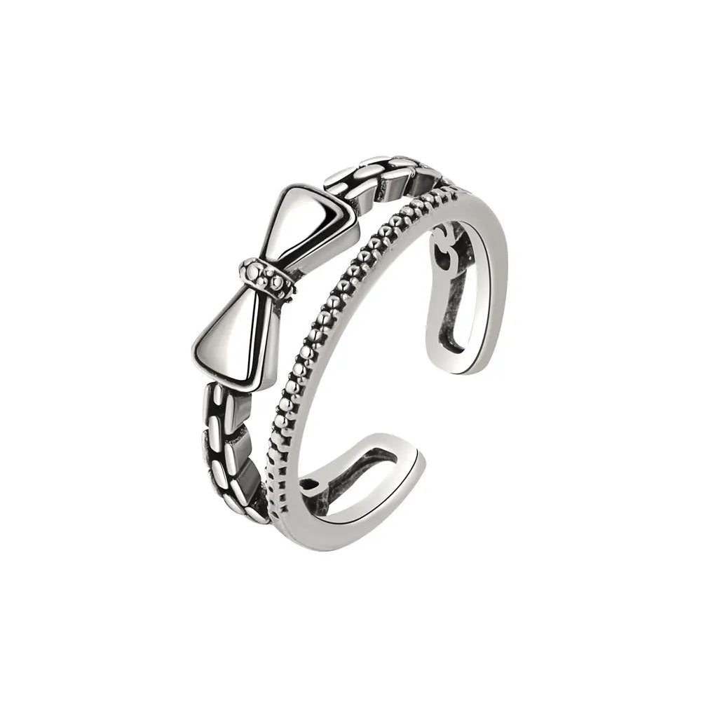 Daidan Silver Rings Women 925 Sterling Double Layer Oxidation Elegance Minimalist Bow Knot Ring