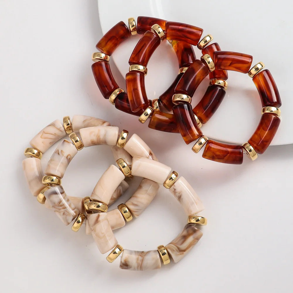 Vintage Autumn and Winter Gentle CCb Gold Plated Resin Marble Chunky Amber Bamboo Beads Acrylic Elastic Bracelet for Women Gift
