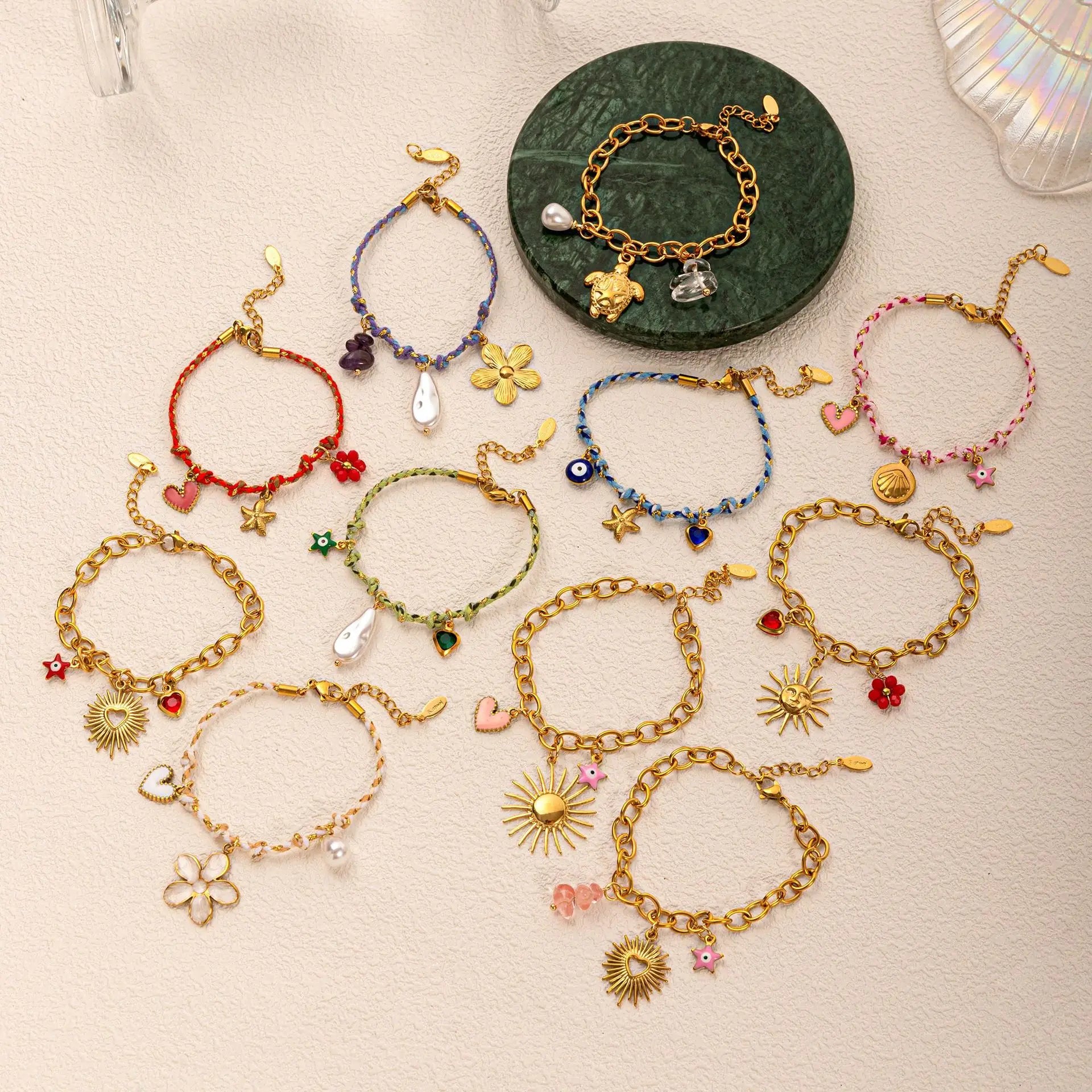 2025 Summer Jewelry Handmade Multi-Pendant Colorful Rope-Braided Stainless Steel Fashion Charm Bracelets