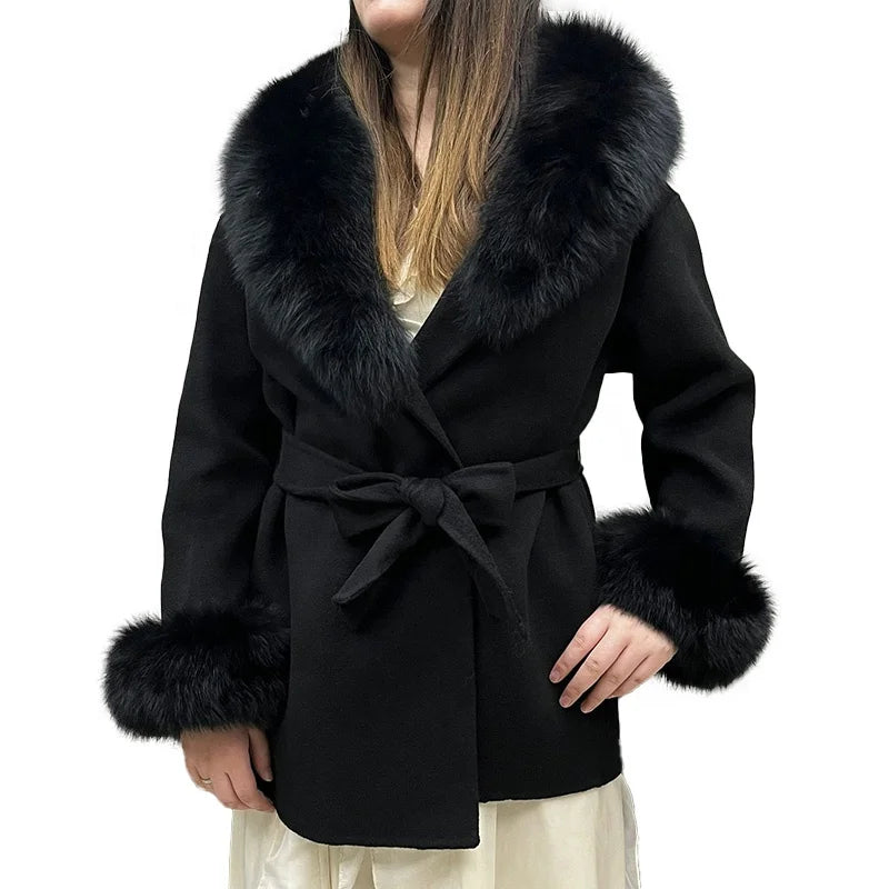 High Quality Double Sides Elegant Cashmere Wool Coats Women With Detachable Real Fox Fur Collar Cuffs