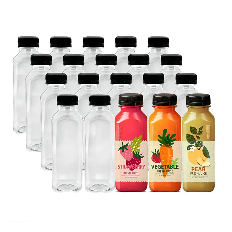 350ml PET Transparent square Shape Plastic Logo Customized Pet Juice Beverage Bottle with Cap