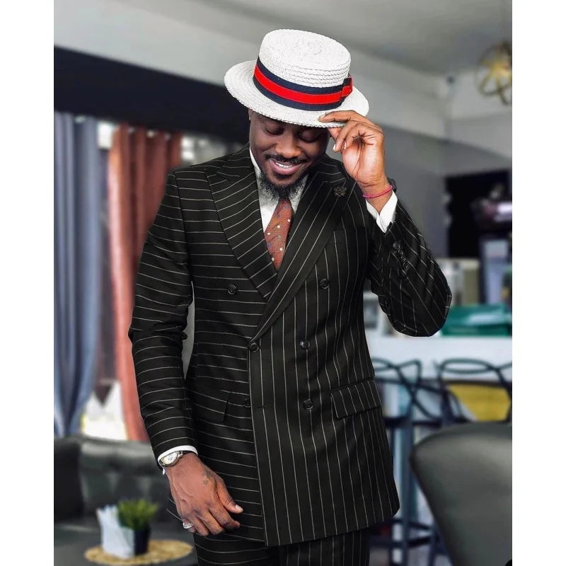 Latest Asymmetrical Black Striped Double Breasted Men Suits Wedding Tuxedos Groom Dinner Wear Formal Evening Blazer 2 Pieces